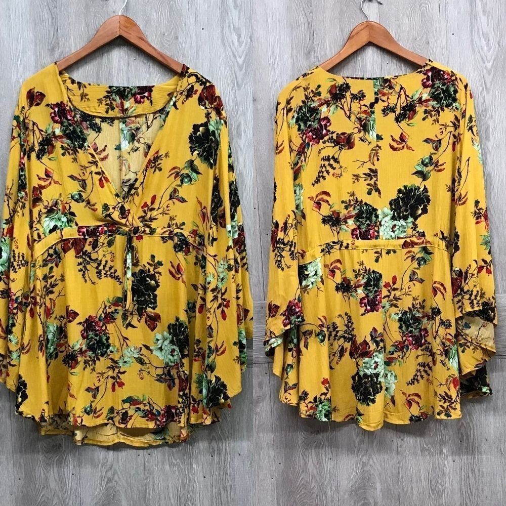 Yellow Floral ¾ Kimono Deep V Tunic BB120